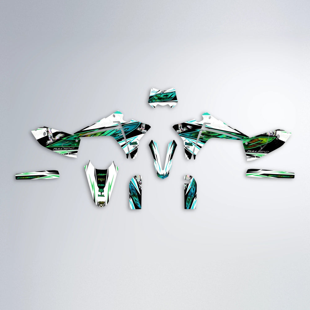ZAPP Fantic graphics kit parts layout in Cyan & Green