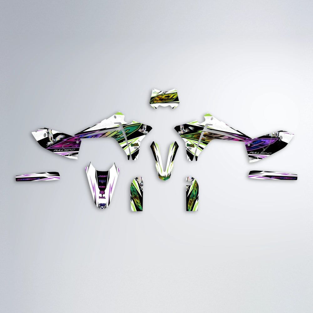 ZAPP Fantic graphics kit parts layout in Purple & Yellow