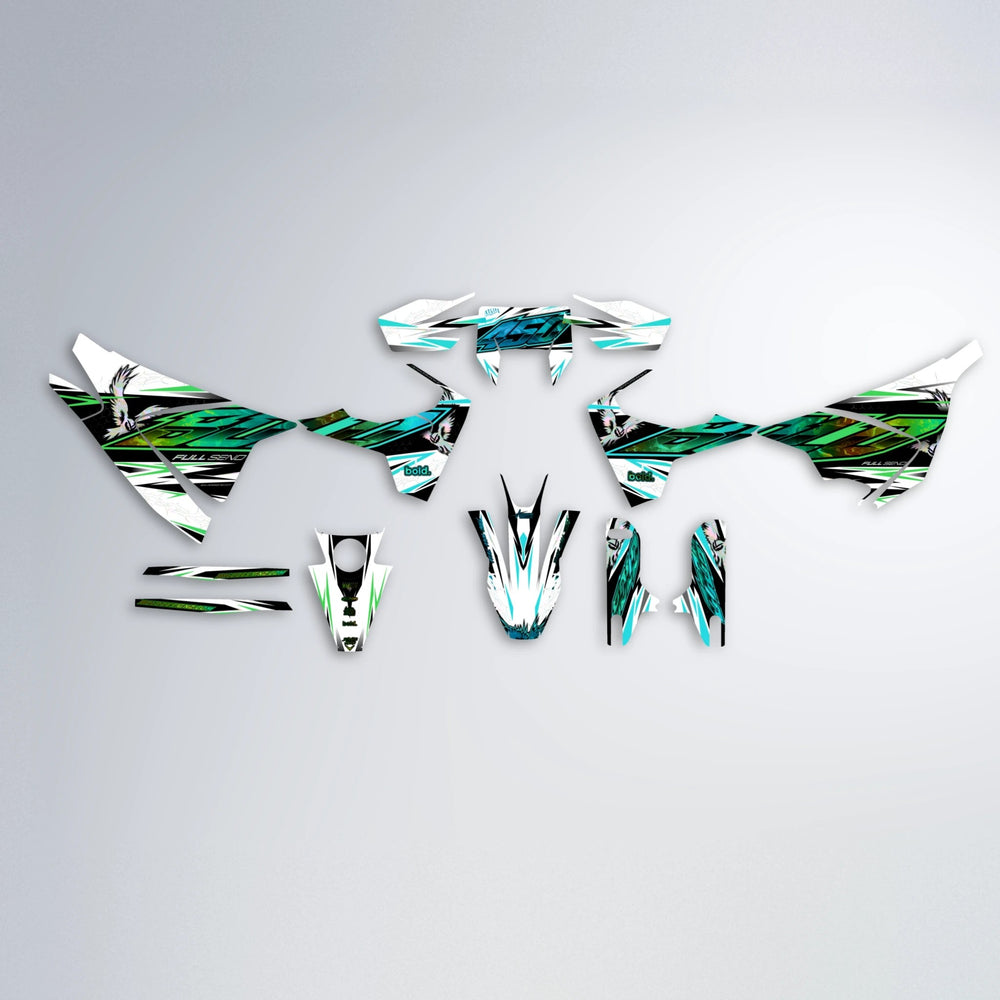 ZAPP Husqvarna 701 graphics kit parts layout in Cyan & Green
