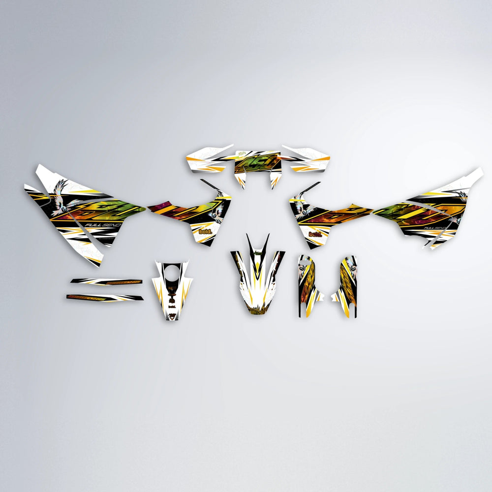 ZAPP Husqvarna 701 graphics kit parts layout in Orange & Yellow