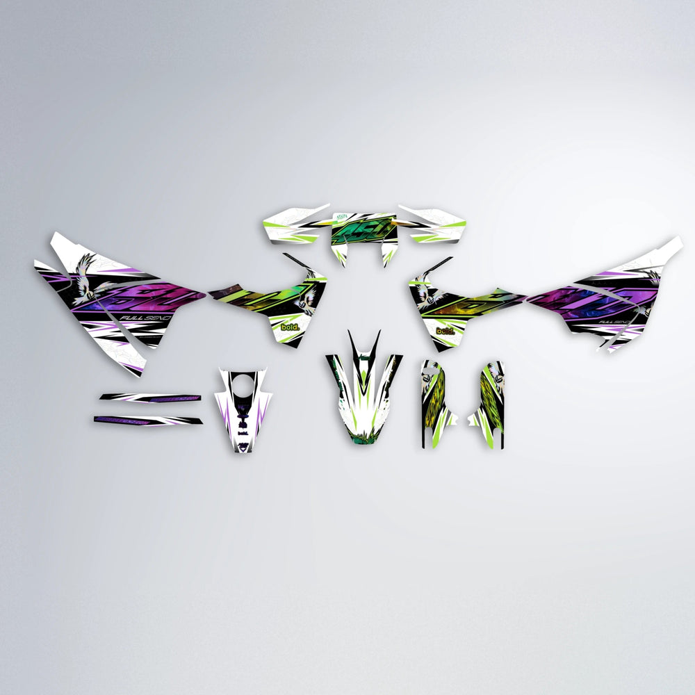 ZAPP Husqvarna 701 graphics kit parts layout in Purple & Yellow