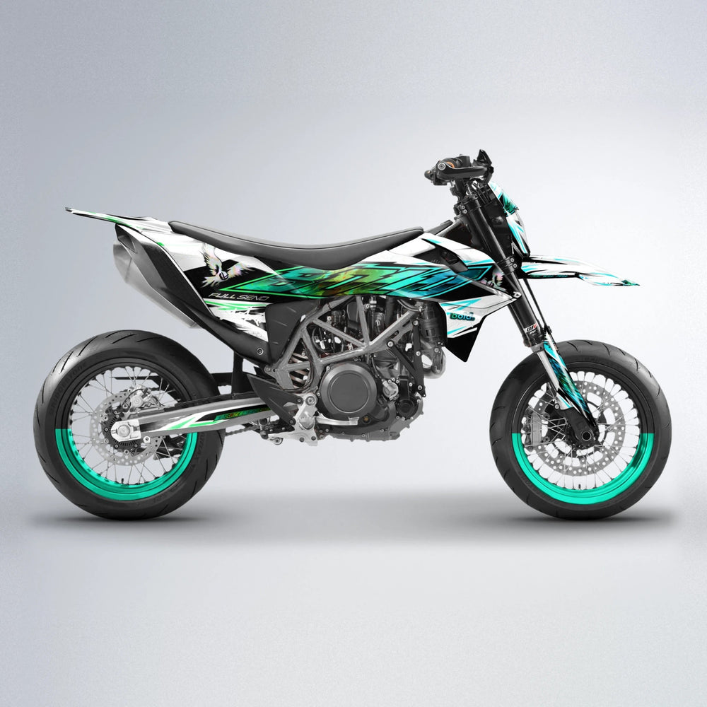 ZAPP KTM SMC 690 supermoto graphics kit in Cyan & Green