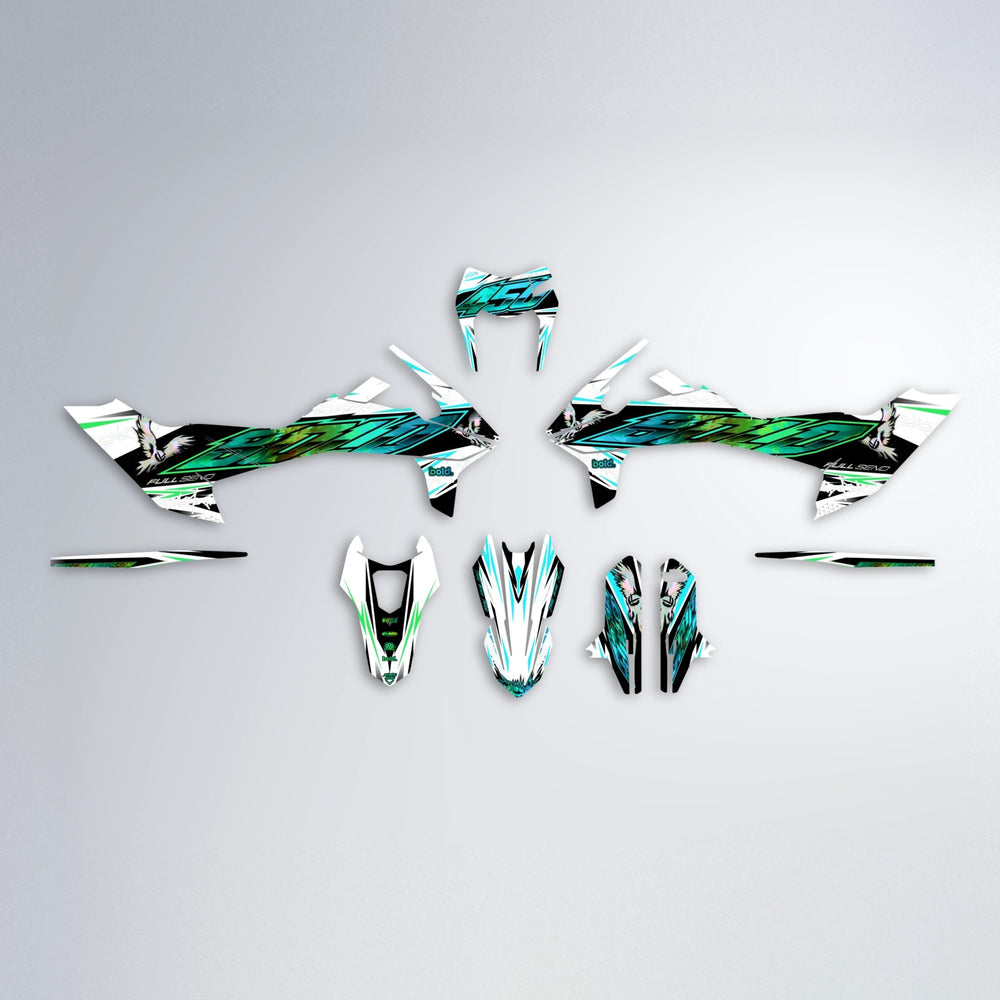 ZAPP KTM SMC 690 graphics kit parts layout in Cyan & Green