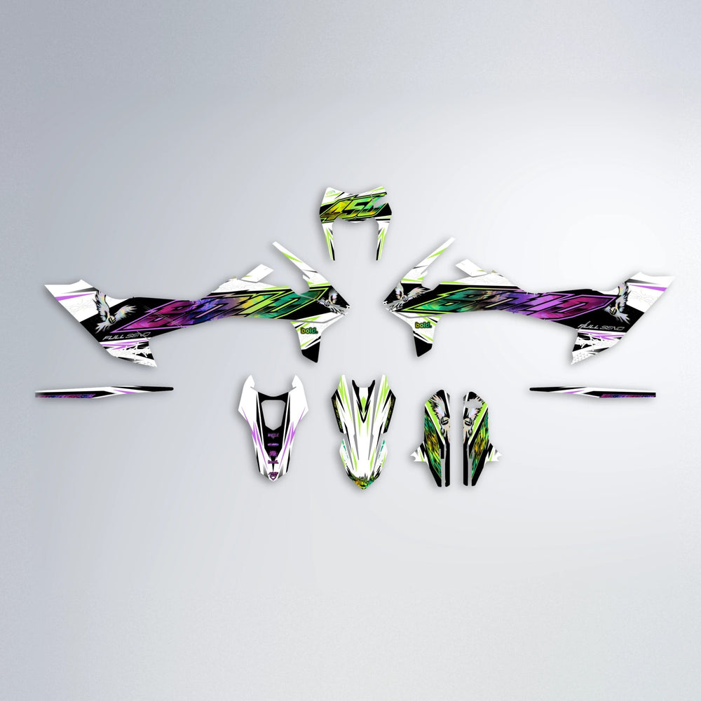 ZAPP KTM SMC 690 graphics kit parts layout in Purple & Yellow