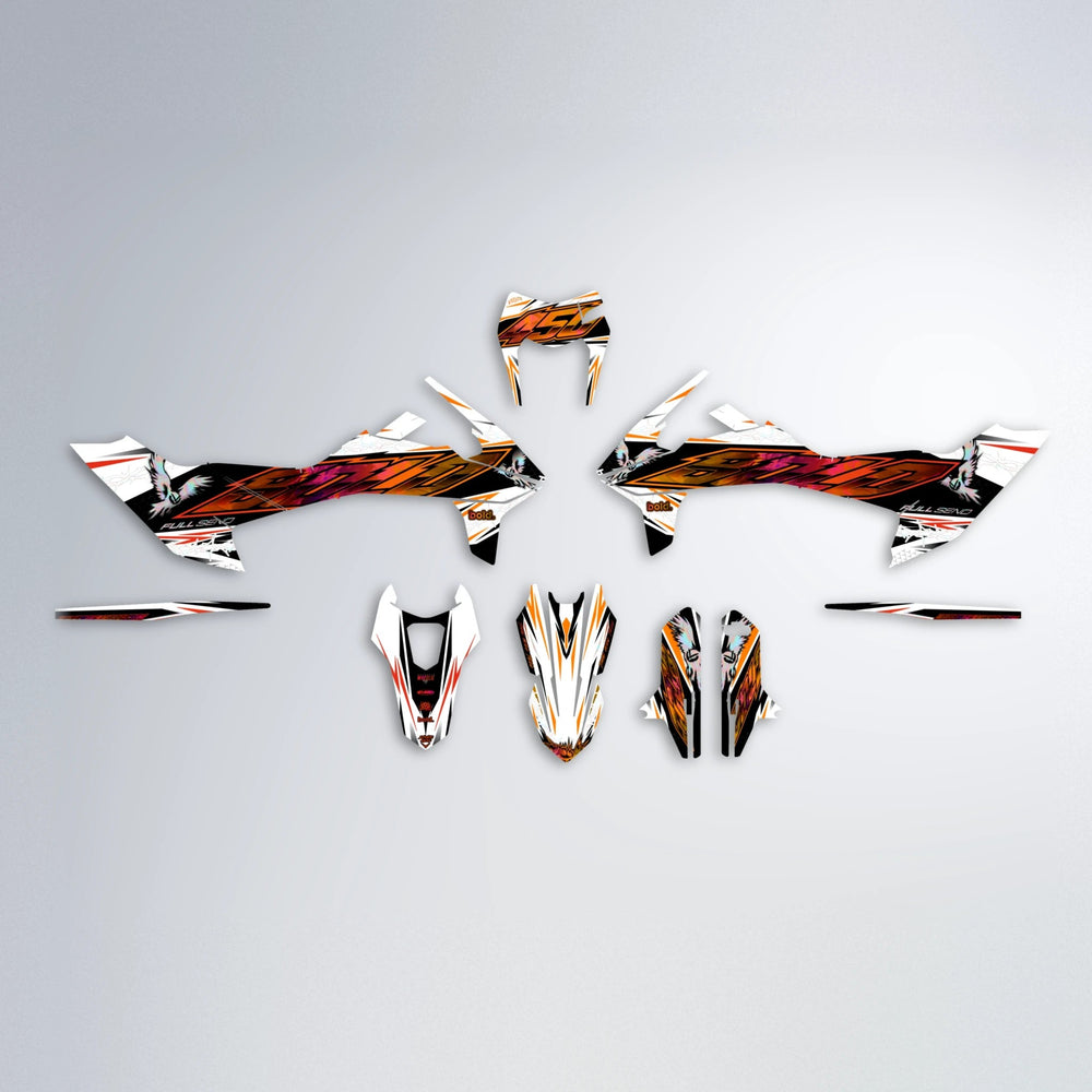 ZAPP KTM SMC 690 graphics kit parts layout in Red & Orange