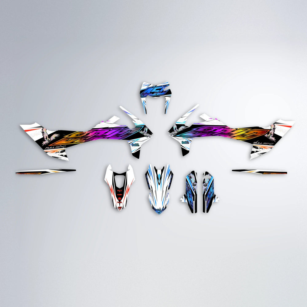 ZAPP KTM SMC 690 graphics kit parts layout in Sunset Fade