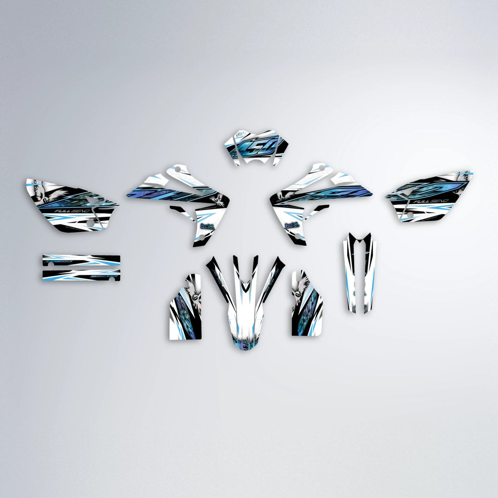 ZAPP Rieju MRT graphics kit parts layout in Light Blue & White