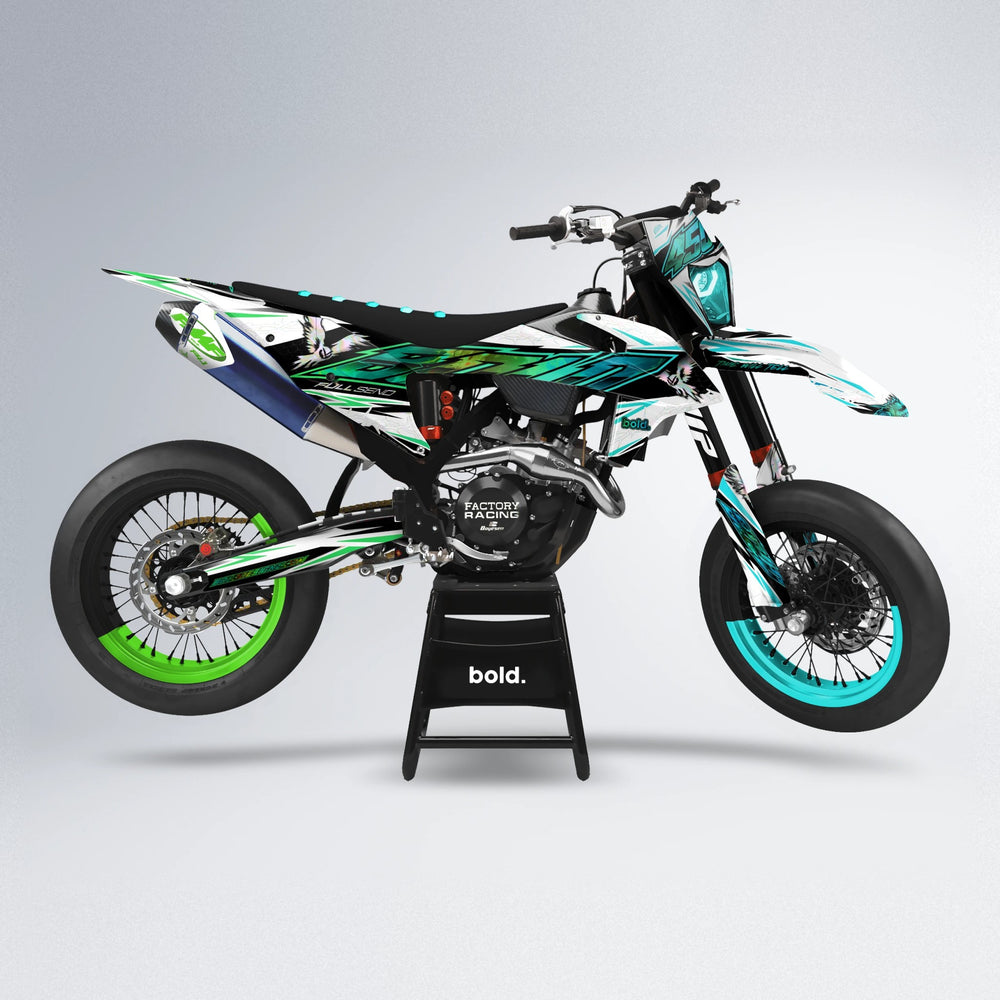 ZAPP supermoto graphics kit in Cyan & Green